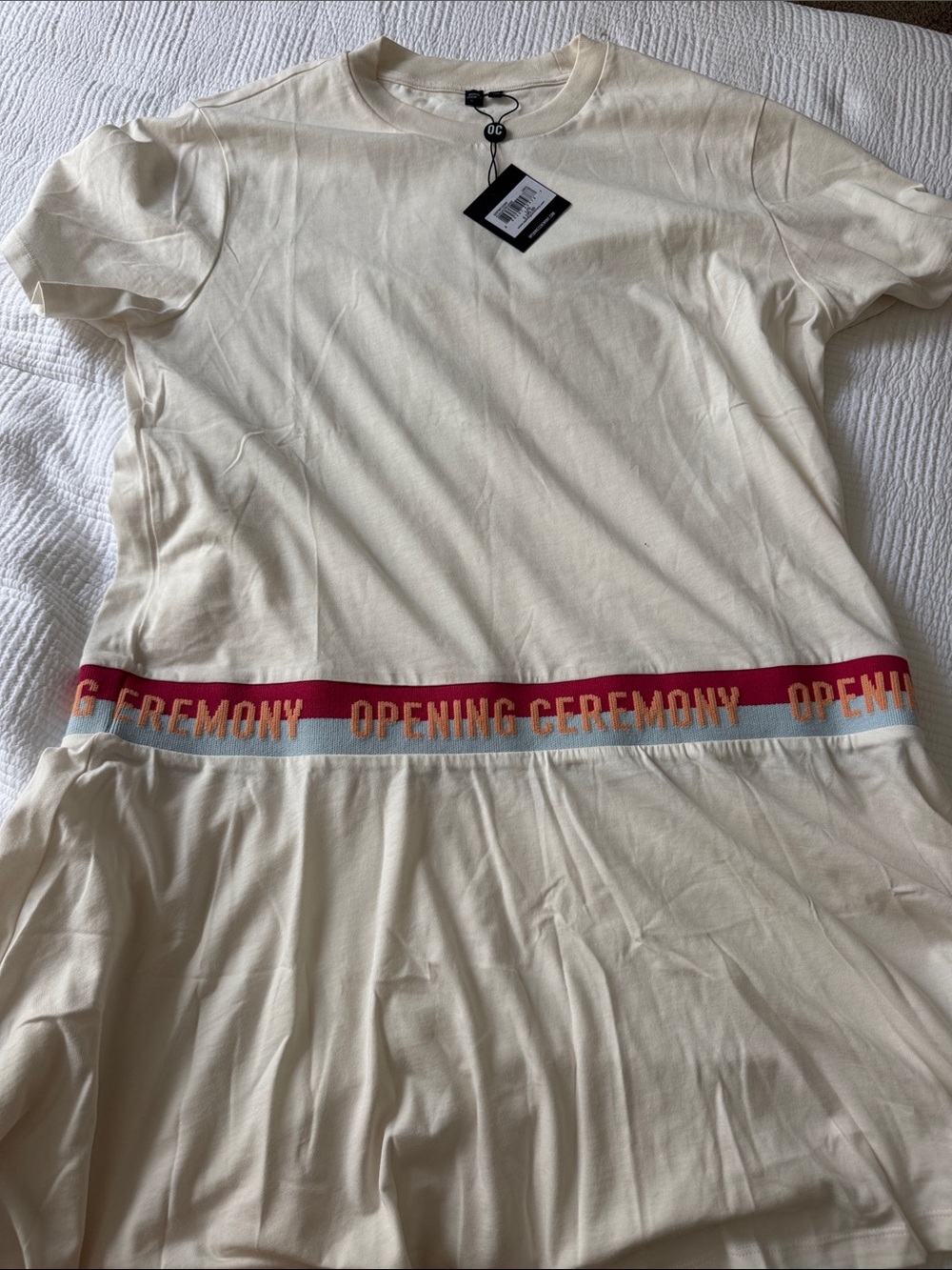 Opening Ceremony Cream Tee Dress with Branded Multicolor Waistband